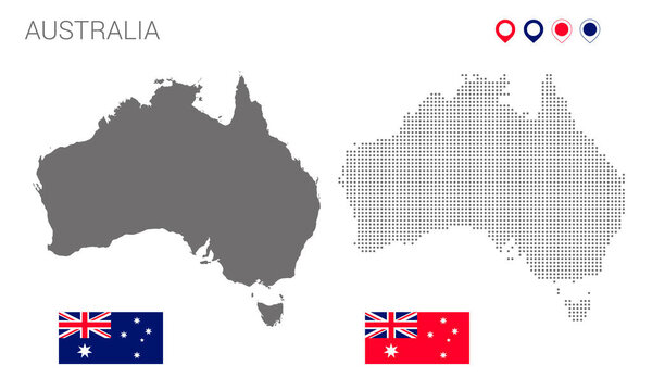 Map of Australia silhouette, Australia map dotted, Flag of Australia, Vector illustration flat