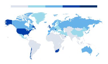 Dünya haritası vektörü, izole edilmiş arka plan. Düz Dünya, web sitesi şablonu için renkli harita şablonu, yıllık rapor, infografikler. Dünya haritasına benzer bir ikon. Dünya çapında seyahat, harita silueti arkaplanı