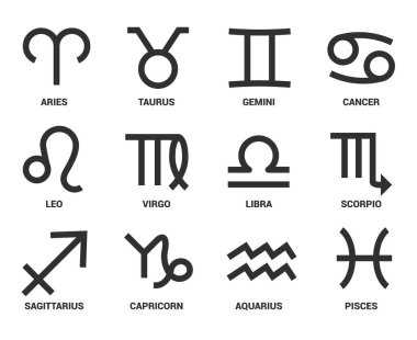 Beyaz zemin üzerinde izole edilmiş siyah Astrolojik işaretler vektör düz ve basit biçim illüstrasyon seti