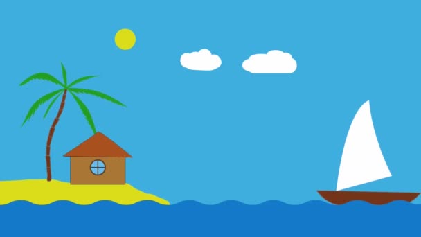 Морской Отдых Бунгало Пальмой Солнцем Яхтой Анимационное Видео — стоковое видео