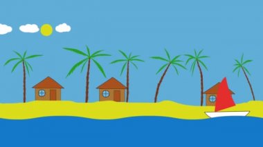  Bungalovlu deniz eğlencesi, palmiye ağacı, güneş bulutları ve yat animasyonlu video.