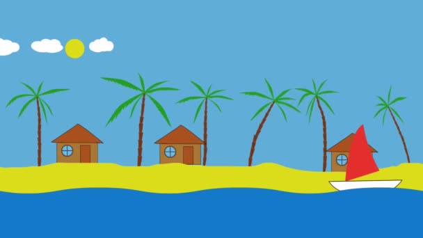 Zee Recreatie Met Bungalow Palmboom Zon Wolken Jacht Animatie Video — Stockvideo