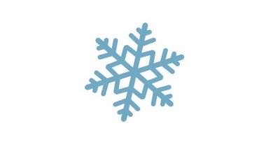 Bir mavi kar tanesi, Noel tasarımı için beyaz arka plan 2d animasyon videosunda merkezinin etrafında döner.