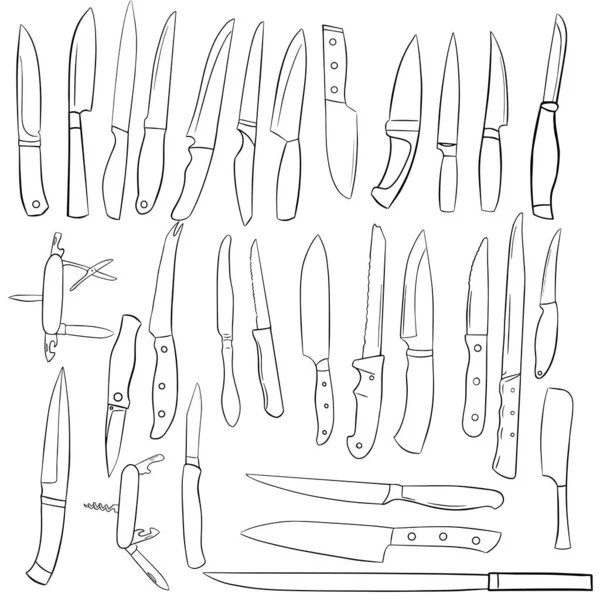 Set Knives Folding Kitchen Other Contour Doodles — Stock Photo, Image