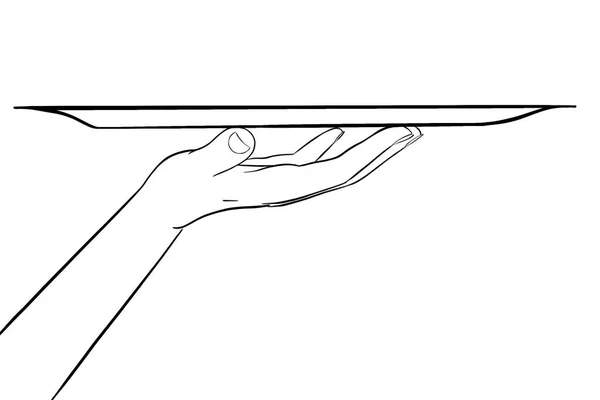 Weibliche Hand Mit Einem Leeren Tablett Kontur Isolierte Illustration — Stockfoto