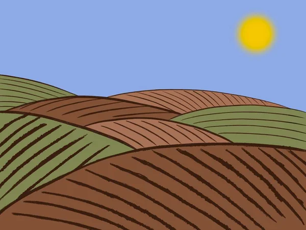 Paisagem Rural Com Campos Ilustração Terras Aráveis — Fotografia de Stock