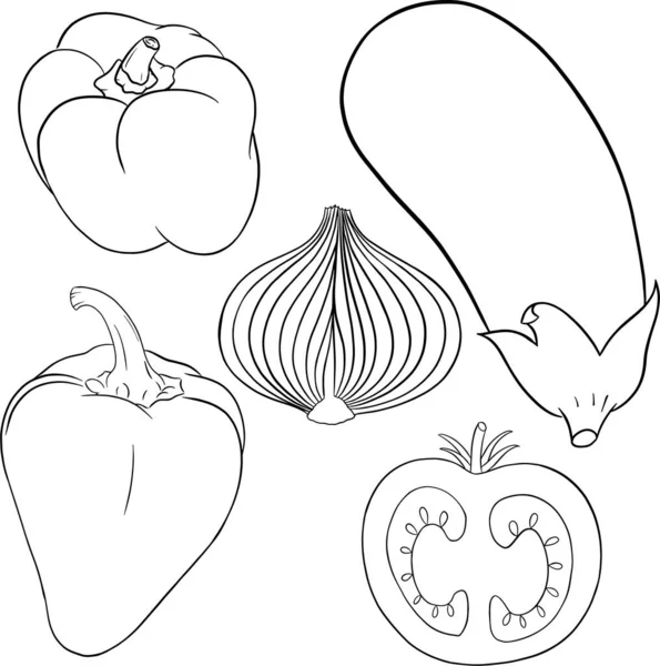 Set Vegetables Outlines Vector Illustration Tomato Purple Onion Eggplant Sweet — Stock Photo, Image