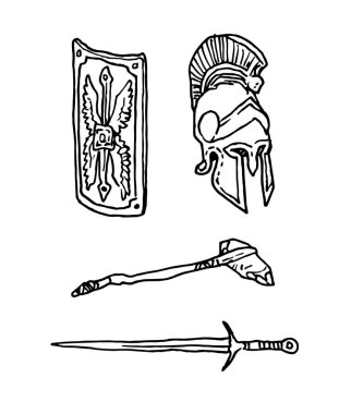 Roma kalkanı, taş balta, Roma miğferi, kılıç