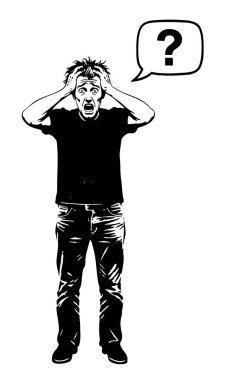 Bir adam şok olur, elleri başının üstünde, soru işareti şeklinde bir düşünce baloncuğuyla. Bir satranç tahtasının yanında duruyor. Köpeğin sakince oturup maçı izlediği yerde.