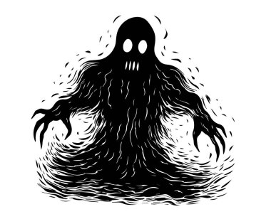 Uzun saçlı korkunç bir canavar. Vektör çizimi. Beyaz hayaletli siyah cadılar bayramı arkaplanı