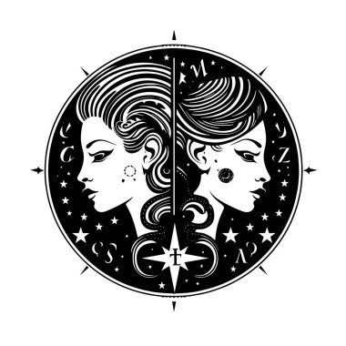 Yıldızları ve yıldızları olan iki kadının siyah beyaz portresi. Dövme, poster, kart tasarımı için beyaz bir arkaplanda izole edilmiş,