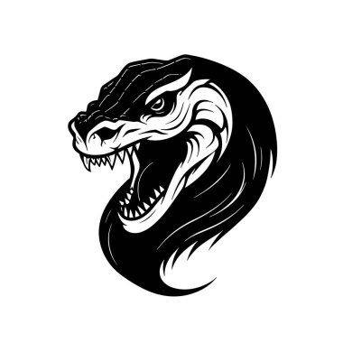 Siyah ve beyaz ejderha baş vektör çizimi beyaz arkaplanda izole