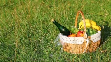 Güneşli bir günde yeşil çimenlerin üzerinde piknik sepeti. (Ntsc)