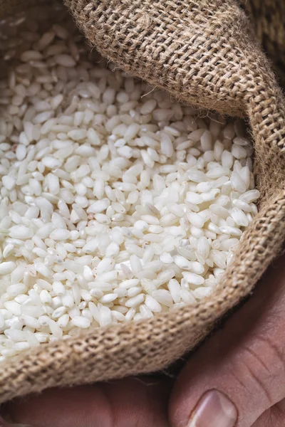 Arroz blanco en mano vieja — Foto de Stock