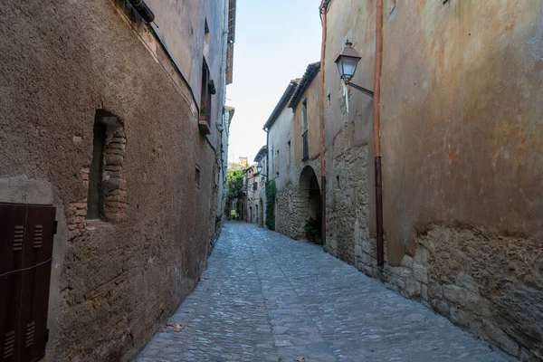 Estrecha Calle Empedrada Medieval Con Casas Con Plantas Trepadoras Peratallada —  Fotos de Stock