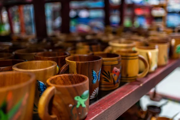 Tazas Madera Talladas Pintadas Puesto Mercado Costa Rica —  Fotos de Stock