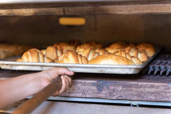 Person taking pastries out of an industrial oven — Stock Photo, Image