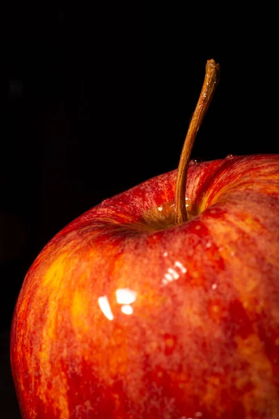 Nahaufnahme Der Spitze Eines Nassen Glänzend Roten Apfels Mit Selektivem — Stockfoto