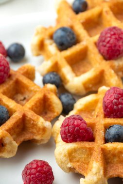 Ahududu ve yaban mersinli waffle 'ların üst görüntüsü, seçici odak noktası, beyaz tabak, dikey