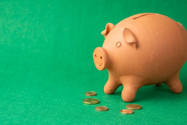 View of piggy bank made of clay, green background with euro coins, horizontal, with copy space