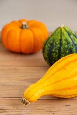 Tahta masadaki üç kabağın üst görünümü, seçici odak, beyaz arkaplan, dikey, kopyalama alanı ile