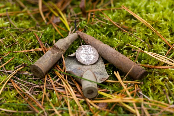 Find Woods Ammo Second World War Old Russian Silver Coin — Stock Photo, Image