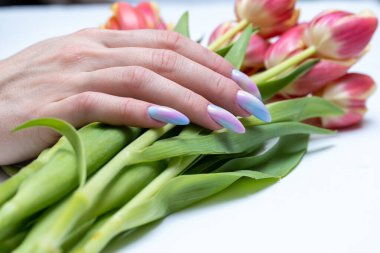 Uzun tırnaklı bir kadın eli beyaz arka planda laleli bir buket tutuyor.