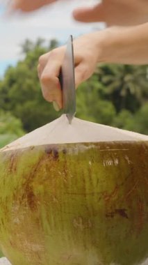 Dikey video. Yeşil Hindistan cevizini kesmek için Büyük Bıçak Kullanan Kadın Balkon Kenarına yerleştirilmiş Yoğun Yeşil Yeşillik, Yan Açı, Gerçek Zaman, Tropikal İçeceğe Hazırlık Konsepti