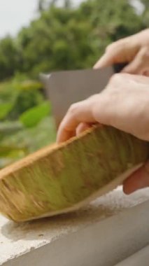 Dikey video. Geniş Bıçakla Gün Işığında Taze Bir Hindistan Cevizini Kırpmak İçin Büyük Bıçak Kullananlar Arkaplanda Yeşil Ağaçlar, Düşük Açı, Doğal Işık, Sağlıklı Yeme Konsepti