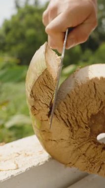 Dikey video. Kalan Hindistan cevizi kabuğunu tamamen ortaya çıkarmak için kesen kişi. Açık havada beton parmaklıklar üzerinde bıçaklı iç fındık, orta açı, sağlıklı beslenme kavramı.