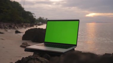 Okyanus Ufku ve Tropikal Ağaçlar, geniş açı, Dijital Göçebe Konsepti ile Rock 'ta Yeşil Ekranlı Laptop