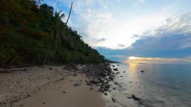 Palm Trees ve Sunset on Sea Yansımalı Rocky Tropikal Kıyı Çizgisi Geniş Açı İnsansız Hava Aracından Yakalandı, Kavram Deniz Kenarı Doğa Manzarası