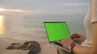 Laptop 'ta Yeşil Ekran Okyanusuna Bakan, Geniş Açı Uzaktan Çalışma Konsepti ile Akıllı Yazan Kişinin Yan Görünümü