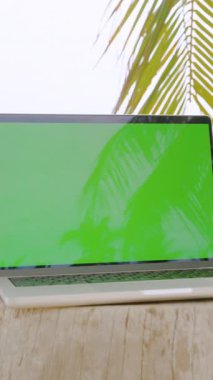 Dikey video. Üzerinde yeşil ekran olan dizüstü bilgisayar Sandy Plajı 'ndaki Palmiye Ağaçları Arasındaki Ahşap Kütük üzerinde duruyor Okyanus Ufku' nun yanında Mükemmel Moda Sahnesi