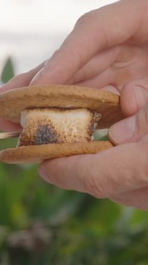 Dikey video. Eller Kızarmış Marşmelovu İki Bisküvi Arasına Sopa Arasına Yerleştirme, Yavaş çekim, Tatlı Hazırlama Konsepti