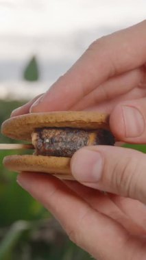 Dikey video. Erimiş Marshmallow Doldurmalı El Tutma Bitmiş Bisküvi Sandviçi Açık Sahne, Yavaş Çekim, Smore Tatlı Konsepti