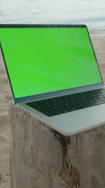 Dikey video. Yeşil Ekranlı Laptop Plaj Kum İçeceğinin yanındaki tahta kütüğe yerleştirildi Okyanusa bakan yakın çekim, uzak ofis kavramı
