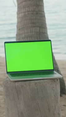 Dikey video. Palmiye Ağaçları ve Kuma Yüzlü Deniz Açısı, Kumsal Konsepti Uzaktan Ofisi ile çevrili Tahta Kalaslı Laptop