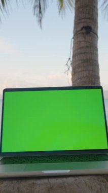 Dikey video. Arka plan Çekimi, Dijital İş ve Seyahat Konseptinde Okyanus Ufkunu ile Palmiye Ağaçları Arasında Yeşil Ekran Yakından Görünümlü Laptop