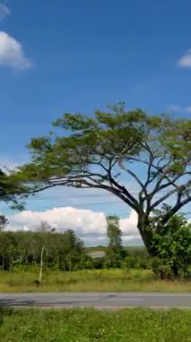 Vertical video. View from Moving Car of Small Rural House with Blue Roof among Green Trees and Mountains under Bright Blue Sky Countryside Journey