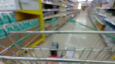 First-Person View Through an Empty Shopping Cart Moving Down a Bright Supermarket Aisle, Colorful Shelves Out of Focus, Consumerism Concept