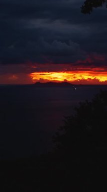 Dikey video. Kadın, Siluetli Geniş Açı Perspektifte Ağaçlar ve Ağır Bulutlar Tarafından Çerçevelenmiş Okyanusta Ateşli Gün Batımını İzlemek İçin Tek Başına Kayalıklara Yaklaştı