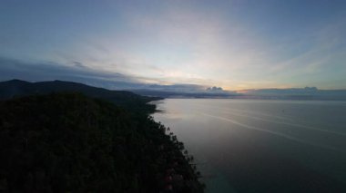 Drone Flight Forward Over Coastline at Sunset Motion Into Infinite Horizon Concept