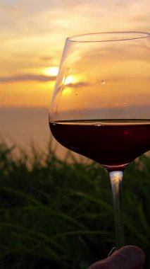 Dikey video. Gün batımında okyanusa bakan kırmızı şarabın el ele tutuşması, huzur ve romantizm kavramı.