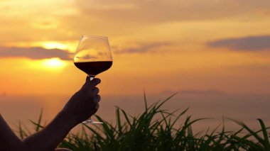 El kaldıran Kırmızı Şarap Kadehi Okyanus 'un Üzerinde Altın Gün Batımına Doğru, Yakın, Rahat Romantik Kavram