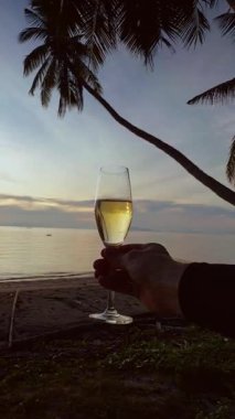 Dikey video. Şampanyayı Yükselten Adam 'ın Sahilde Palmiye Ağaçları, Romantik Tatil ve Gevşeme Konseptiyle Sakin Deniz' de Gün Batımına Doğru İlk Görüş