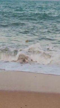 Dikey video. Coconut Güçlü Yuvarlanan Dalgalarda Yüzerken Köpük Kum Kıyısına doğru Geniş Açı Görüş, Tropikal Doğa Konsepti