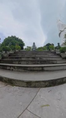 Dikey video. Pagoda ve Taş Merdiven Çerçevelenen Simetrik Saksı Ağaçları Kültür Mirası Konsepti sırasında Geniş Açı Açı 'da Yakalandı