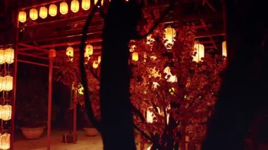 Asılan Fenerlerin Sıraları Gece Geniş Açı ve Sıcak Işıklı Parlayan Çiçekler Kültürel Dekorasyon Konsepti