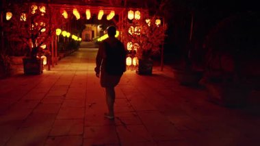 Gezgin Gece Fener Işığı Çiçek Kemer Yolu 'na Sıcak Parıltı ve Geniş Açı çerçeve ile giriyor.